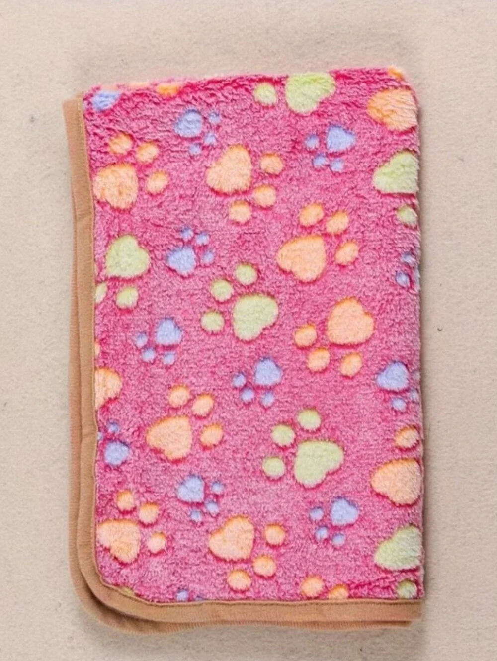 Plush Pet Blanket Pink with Multicolor Paw Prints, Size M